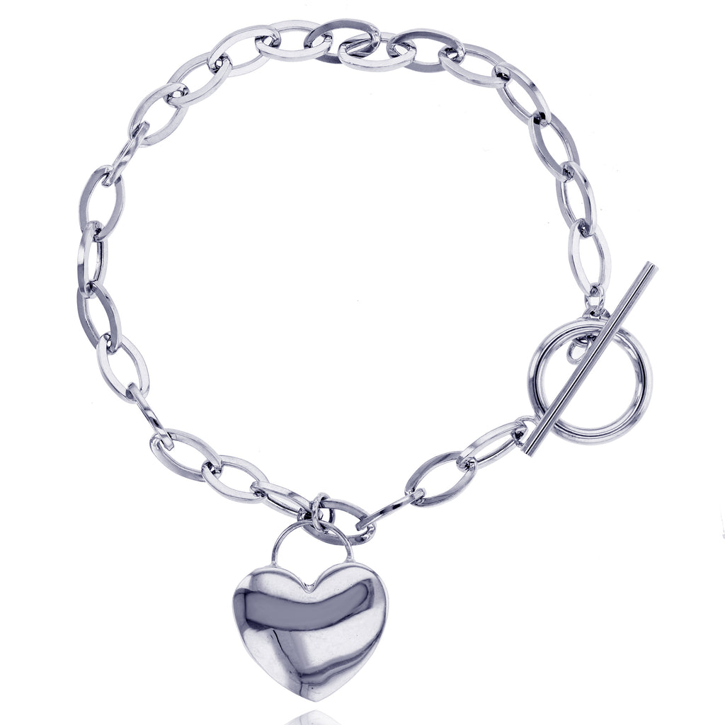 7.5" Heart Toggle Tag Oval Chain Charm Bracelet Real 14K White Gold - besenn