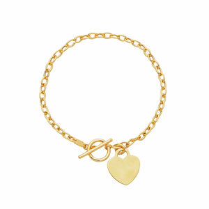 7.5" Heart Toggle Tag Oval Chain Charm Bracelet Real 14K Yellow Gold Engravable - besenn