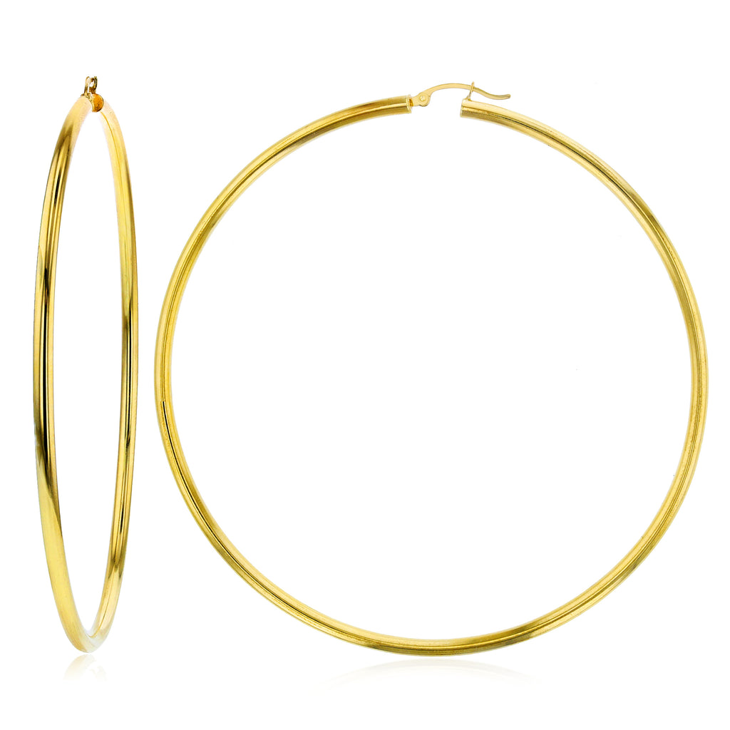 4mm X 95mm 3 3/4" Large Huge Plain Shiny Hoop Earrings REAL 14K Yellow Gold - besenn