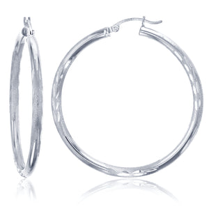 3mm X 45mm 1 3/4" Large Diamond Cut Round Hoop Earrings REAL 14K White Gold - besenn