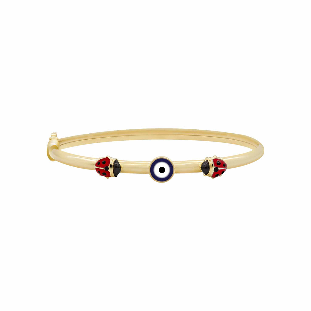 Child's Blue Evil Eye Red Ladybug Charm Bangle Real 14K Yellow Gold - besenn