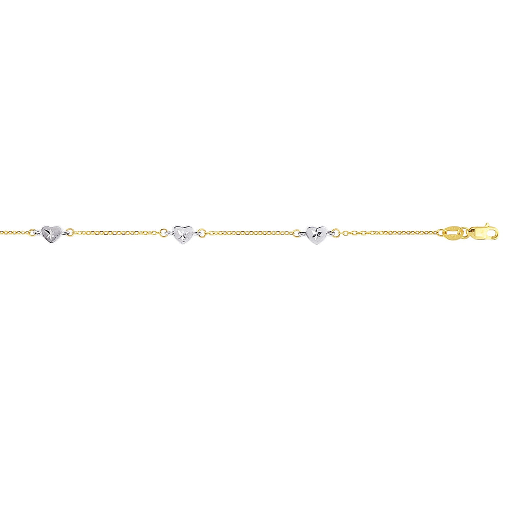 Diamond Cut Heart Two-Tone Anklet Real 14K Yellow Gold - besenn