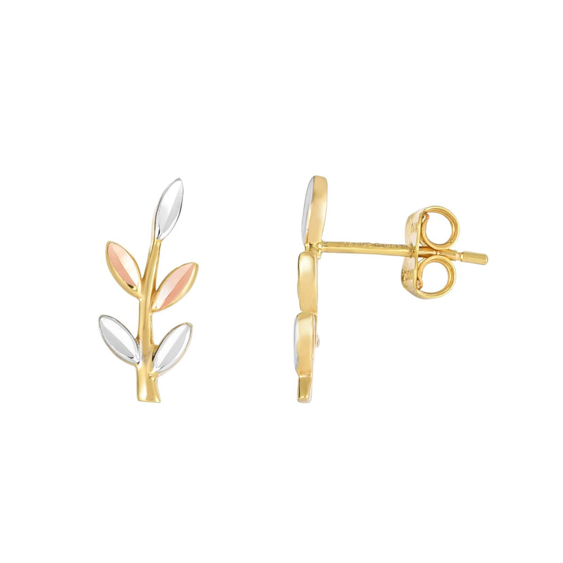 Diamond Cut Tricolor Leaf Ear Climber Stud Earrings Real 14K Gold