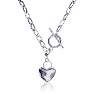 17" Heart Toggle Tag Oval Chain Charm Necklace Real 14K White Gold - besenn